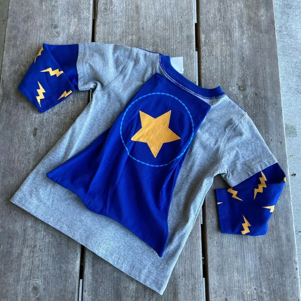 Gymboree Boys Shirt Size 2T Local Super Hero Cape Gray Blue Long Sleeve Star NEW